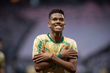 Sao Paulo (SP), Brezilya 09 / 15 / 2024 - Estevao, Brezilya Futbol Şampiyonası 'nın 26. turu için geçerli olan Palmeiras ve Criciuma arasındaki maçtaki golünü kutluyor