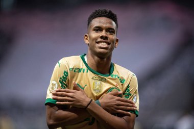 Sao Paulo (SP), Brezilya 09 / 15 / 2024 - Estevao, Brezilya Futbol Şampiyonası 'nın 26. turu için geçerli olan Palmeiras ve Criciuma arasındaki maçtaki golünü kutluyor