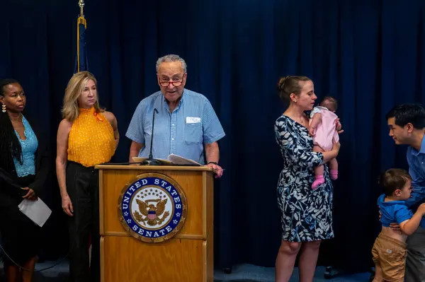 stock image Senator Schumer Announces Another Vote On The Right To IVF Act In The Senate. September 15, 2024, New York, New York, USA: Senate Majority Leader, U.S. Senator Chuck Schumer (D-NY), standing with New York families and a children delivered 