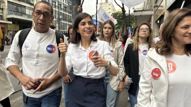 SAO PAULO (SP), 09/18/2024- ELECTIONS/MAYORSHIP/CANDIDATE/SP- Candidate for Mayor of Sao Paulo Tabata Amaral, during a walk in the central region at Praca Ramos and then spoke to the press about her projects, this Wednesday, September 18, 2024 clipart