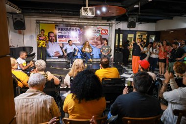 Sao Paulo (SP), Brazil 09/23/2024  The candidate for mayor of Sao Paulo Guilherme Boulos (PSOL), participates in a PCD thematic meeting, which is the acronym for Persons with Disabilities, at Cafe dos Bancari (Leco Viana/thenews2) clipart