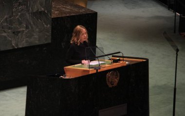 İtalya Bakanlar Kurulu Başkanı Giorgia Meloni UNGA 79 'da konuşma yapacak. 24 Eylül 2024, New York, ABD: Birleşmiş Milletler Genel Kurulu sırasında İtalya Bakanlar Kurulu Başkanı Giorgia Meloni (Niyi Fote / thenews2)
