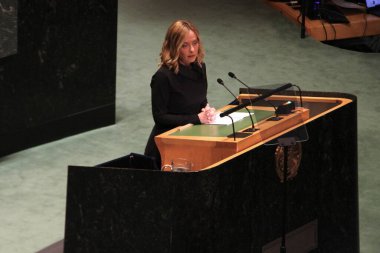 İtalya Bakanlar Kurulu Başkanı Giorgia Meloni UNGA 79 'da konuşma yapacak. 24 Eylül 2024, New York, ABD: Birleşmiş Milletler Genel Kurulu sırasında İtalya Bakanlar Kurulu Başkanı Giorgia Meloni (Niyi Fote / thenews2)