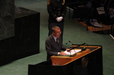 Letonya Cumhurbaşkanı Edgars Rinkvis UNGA 79 'da bir konuşma yaptı. 24 Eylül 2024, New York, ABD: Letonya Devlet Başkanı, Ekselansları Edgars Rinkvis, Birleşmiş Milletler Genel Kurulu 79. oturumunda New York 'ta konuşuyor (Niyi Fote / thews2)