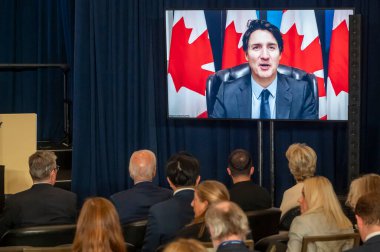 (NEW) President Biden Hosts World Leaders Launching A Joint Declaration Of Support For Ukrainian Recovery And Reconstruction. September 25, 2024, New York, USA: Canada Prime Minister Justin Trudeau  speaks via video conference (m10s/thenews2) clipart