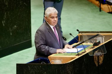 (NEW) Panama President Jose Raul Mulino Quintero Speaks at UNGA 79 in New York. September 25, 2024, New York, USA: The President of Panama, Jose Raul Mulino Quintero speaks during the United Nations General Assembly 79th session (niyi fote/thenews2) clipart