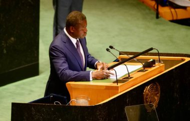 Togolese President Essozimna Gnassingbe Speaks at UNGA 79 in New York. September 25, 2024, New York, USA: The President of Togo, His Excellency Essozimna Gnassingbe speaks during the United Nations General Assembly 79th session (niyi fote/thenews2) clipart