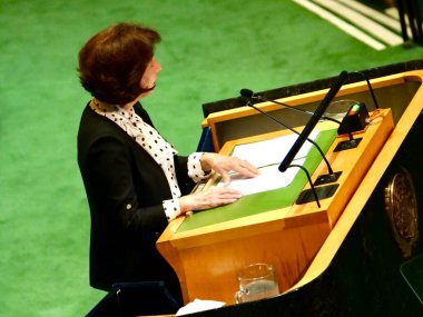 Kuzey Makedonya Cumhurbaşkanı Gordana Siljanovska-Davkova New York 'ta UNGA 79' da bir konuşma yaptı. 26 Eylül 2024, New York, ABD: (niyi fote / theenews2)