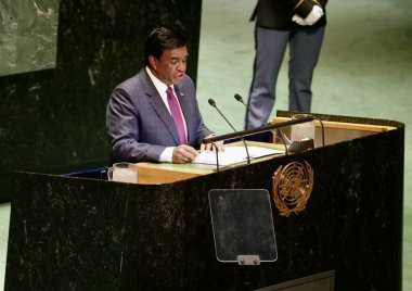 Mauritius Başkanı Prithvirajsing Roopun New York 'taki UNGA 79' da bir konuşma yaptı. 26 Eylül 2024, New York, ABD: Mauritius Başkanı, Ekselansları Prithvirajsing Roopun New York UNGA79 'da (niyi fote / theenews2)