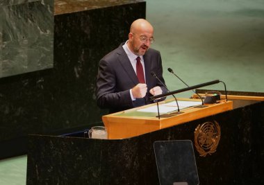 Avrupa Konseyi Başkanı Charles Michel New York 'ta UNGA 79' da bir konuşma yaptı. 26 Eylül 2024, New York, ABD (niyi fote / thews2)