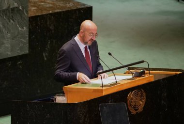 Avrupa Konseyi Başkanı Charles Michel New York 'ta UNGA 79' da bir konuşma yaptı. 26 Eylül 2024, New York, ABD (niyi fote / thews2)