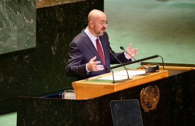 Avrupa Konseyi Başkanı Charles Michel New York 'ta UNGA 79' da bir konuşma yaptı. 26 Eylül 2024, New York, ABD (niyi fote / thews2)