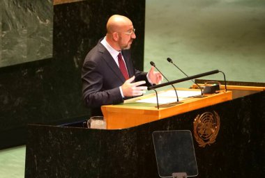 Avrupa Konseyi Başkanı Charles Michel New York 'ta UNGA 79' da bir konuşma yaptı. 26 Eylül 2024, New York, ABD (niyi fote / thews2)