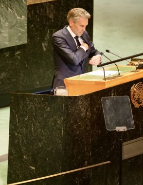 Prime Minister of Netherlands, Dick Schoof speaks at UNGA 79 in New York. September 26, 2024, New York, USA: The Prime Minister of Netherlands, His Excellency Dick Schoof speaks at UNGA79 in New York (niyi fote/thenews2)
