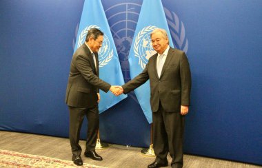 Photo Opportunity with the UN Secretary-General Antonio Guterres during UNGA79. September 28, 2024, New York, USA : The Secretary-General, Antonio Guterres with H.E. Mr. Chenda Sophea Sok, Deputy Prime Minister and Minister for Foreign Affairs clipart