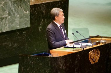 Malezya Dışişleri Bakanı Mohamad Hasan New York 'taki UNGA 79' da bir konuşma yaptı. 28 Eylül 2024, New York, ABD (niyi fote / thews2)