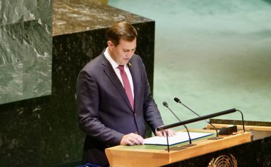 Beyaz Rusya Dışişleri Bakanı Maxim Ryzhenkov New York 'taki UNGA 79' da bir konuşma yaptı. 28 Eylül 2024, New York, ABD (niyi fote / thews2)