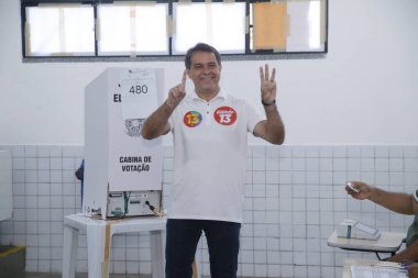 Fortaleza (ce) Brazil 10/27/2024  candidate evandro leitao (pt), arrives at the polling station with the minister of education camilo santana and the governor of the state elmano de freitas, at the farias brito college (lc moreira / thenews2) clipart