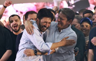 Sao paulo (sp), Brazil 10/27/2024 - candidate ricardo nunes (mdb) accompanied by the governor of the city of sao paulo tarcisio de freitas, celebrates his re-election as mayor of sao paulo  (Leco Viana / Thenews2) clipart