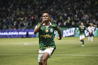 Sao paulo (sp), 11/08/2024 - brazilian/palmeiras vs gremio - palmeiras player estevao scores and celebrates his goal, during the match between palmeiras and gremio, valid for the 33rd round of the 2024 brazilian championship (leco viana / thenews2) clipart