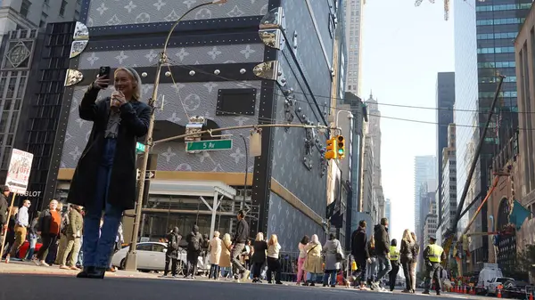 Louis Vuitton bagaj cephesinde. 9 Kasım 2024, New York, ABD: Beşinci Cadde 'deki Louis Vuitton binası yoldan geçenleri çeken ve fotoğraf çekmek için duran bir bagaj bavuluna bürünmüştür (niyi fote / thews2)