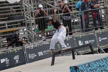 Sao paulo, Brazil: 11.23.2024 - skater indiara during the semi-final of the women's street skate of the stu in sao paulo on the morning of this saturday (23) at the stu skatepark, inside the villa lobos park. (Fabricio Bomjardim/Thenews2) clipart