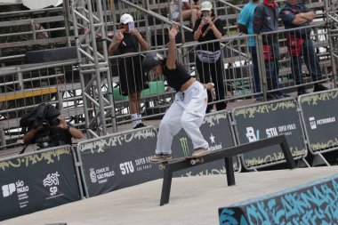 Sao paulo, Brazil: 11.23.2024 - skater during the semi-final of the women's street skate of the stu in sao paulo on the morning of this saturday (23) at the stu skatepark, inside the villa lobos park. (Fabricio Bomjardim/Thenews2) clipart