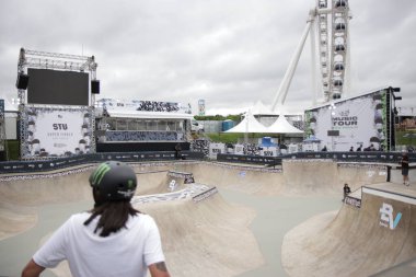 Sao paulo, Brazil: 11.22.2024 - press conference with skateboarders pedro barros, isadora pacheco, augusto akio, kalani konig, isabelly avila and ivan monteiro, at the stu skatepark, inside the villa lobos park. (Fabricio Bomjardim/Thenews2)     clipart