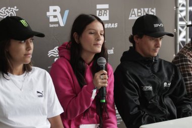 Sao paulo, Brazil: 11.22.2024 - press conference with skateboarders pedro barros, isadora pacheco, augusto akio, kalani konig, isabelly avila and ivan monteiro, at the stu skatepark, inside the villa lobos park. (Fabricio Bomjardim/Thenews2)     clipart