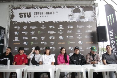 Sao paulo, Brazil: 11.22.2024 - press conference with skateboarders pedro barros, isadora pacheco, augusto akio, kalani konig, isabelly avila and ivan monteiro, at the stu skatepark, inside the villa lobos park. (Fabricio Bomjardim/Thenews2)     clipart