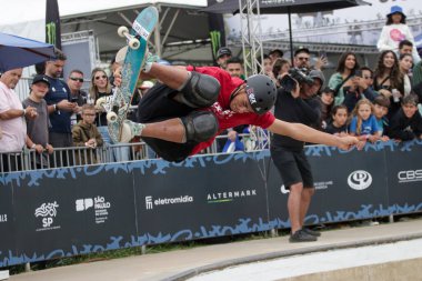 Sao paulo, Brazil: 11.24.2024 - augusto akio in the super final of the stu circuit in the men's skate park category in sao paulo on the morning of this sunday (24) at the stu skatepark, inside the villa lobos park. (Fabricio Bomjardim/Thenews2) clipart