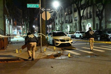New York, Brooklyn 'deki Bedford-Stuyvesant Mahallesi' nde 1 Albany Bulvarı 'nda bir adamın öldürüldüğü ve bir diğerinin de yaralandığı yerde kanıt işaretleri var. 24 Kasım 2024, Bedford Stuyvesant, Brooklyn