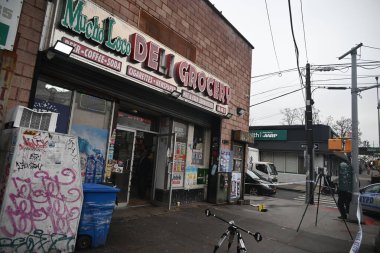 new york city police department crime scene investigators at the scene of a 34-year-old man being stabbed multiple times to death at mucho luco deli grocery in brownsville, brooklyn, new york. Tuesday, december 17, 2024 (kyle mazza / thenews2) clipart