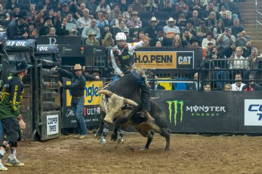 January 05, 2025, new york, new york, usa: lucas divino rides pack rat during third round of the professional bull riders 2025 unleash the beast event at madison square garden (m10s / thenews2) clipart