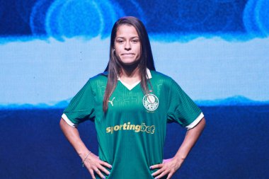 Sao paulo (sp), Brazil 13/01/2025 - lais eram presenting the new shirt of the new sponsor of the palmeiras team held at the mirante park in allianz parque, the presentation of its new master sponsor sportingbet (leco viana / thenews2) clipart