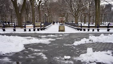 Central Park 'ta bir gecede 8 cm kar yağdı. 9 Şubat 2025, New York, ABD: New York Şehri cumartesi gecesi ve pazar günleri arasında tüm şehirde ve özellikle Central Park 'ta çok fazla kar taneciği bırakarak en şiddetli kar yağışıyla karşı karşıya kaldı