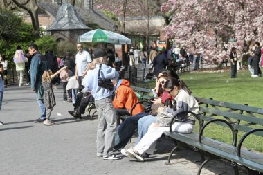 14 Nisan 2025, Central Park, New York, ABD: New Yorklular ve turistler güneşli bir günde kiraz çiçeklerini görmek için Central Park 'a akın ediyorlar; selfie çekiyorlar ve güzellikten faydalanıyorlar. (niyi fote / the new ws2)