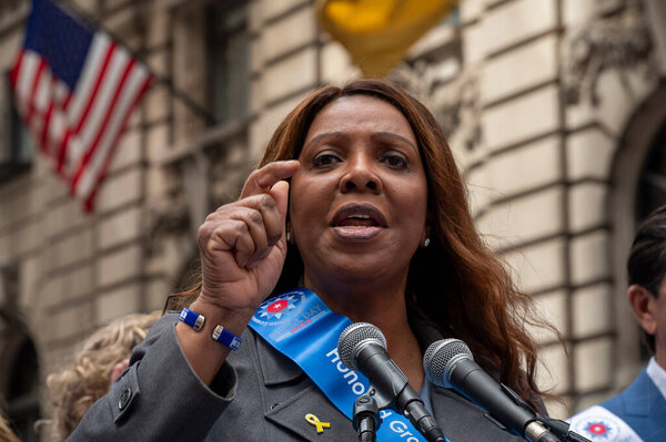May 18, 2025, New York, USA: attorney general of new york letitia james speaks to media at the start of the israel day parade on fifth avenue on may 18, 2025 in new york city. (credit: m10s / thenews2) 