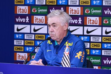 Sao Paulo (sp), Brezilya 06 / 09 / 2025 Brezilya Milli Takım koçu Carlos Ancelotti ile Pazartesi öğleden sonra, son eğitim oturumundan önce, Sao Paulo 'daki Neo quimica arenasında basın toplantısı düzenledi. (leco viana / the newws2)