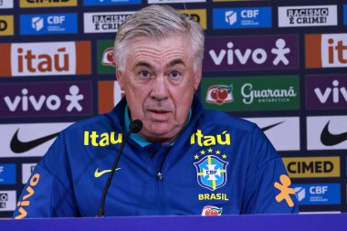 Sao Paulo (sp), Brezilya 06 / 09 / 2025 Brezilya Milli Takım koçu Carlos Ancelotti ile Pazartesi öğleden sonra, son eğitim oturumundan önce, Sao Paulo 'daki Neo quimica arenasında basın toplantısı düzenledi. (leco viana / the newws2)