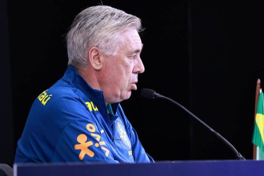 Sao Paulo (sp), Brezilya 06 / 09 / 2025 Brezilya Milli Takım koçu Carlos Ancelotti ile Pazartesi öğleden sonra, son eğitim oturumundan önce, Sao Paulo 'daki Neo quimica arenasında basın toplantısı düzenledi. (leco viana / the newws2)