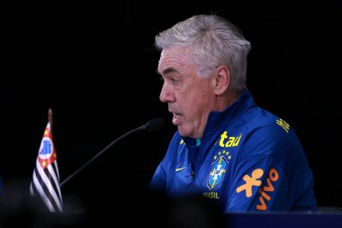 Sao Paulo (sp), Brezilya 06 / 09 / 2025 Brezilya Milli Takım koçu Carlos Ancelotti ile Pazartesi öğleden sonra, son eğitim oturumundan önce, Sao Paulo 'daki Neo quimica arenasında basın toplantısı düzenledi. (leco viana / the newws2)