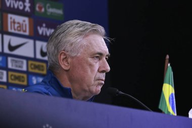 Sao Paulo (sp), Brezilya 06 / 09 / 2025 Brezilya Milli Takım koçu Carlos Ancelotti ile Pazartesi öğleden sonra, son eğitim oturumundan önce, Sao Paulo 'daki Neo quimica arenasında basın toplantısı düzenledi. (leco viana / the newws2)