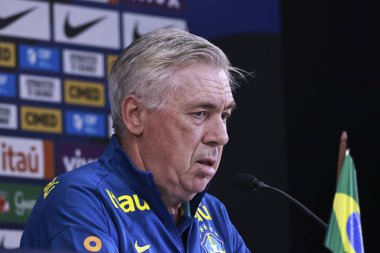 Sao Paulo (sp), Brezilya 06 / 09 / 2025 Brezilya Milli Takım koçu Carlos Ancelotti ile Pazartesi öğleden sonra, son eğitim oturumundan önce, Sao Paulo 'daki Neo quimica arenasında basın toplantısı düzenledi. (leco viana / the newws2)