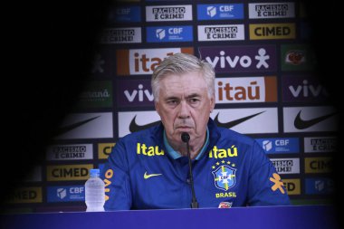 Sao Paulo (sp), Brezilya 06 / 09 / 2025 Brezilya Milli Takım koçu Carlos Ancelotti ile Pazartesi öğleden sonra, son eğitim oturumundan önce, Sao Paulo 'daki Neo quimica arenasında basın toplantısı düzenledi. (leco viana / the newws2)