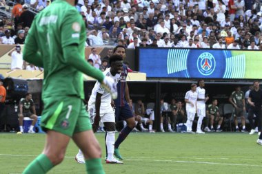 psg vs Real Madrid: Yarı finaller Fifa Dünya Kulüpler Kupası 2025. 9 Temmuz 2025, New Jersey, ABD: marquinhos # 5 of psg ve vini jr # 7 of Real Madrid futbol maçı sırasında Paris Saint Germain ve Real Madrid (niyi fote / thews2)