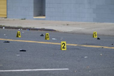 New York Polis Departmanı olay yeri inceleme ekipleri olay yerinde bulunan kovanları işaretleyen kanıt işaretleri ve bir telefon yerleştirdiler. Ayrıca çifte cinayet mahallinde park etmiş bir aracın yanına da bir delil işareti yerleştirildi. (Kyle Mazza / the Newws2)