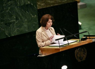 UNGA 80 Genel Kurul Müzakeresi. 25 Eylül 2025, New York, ABD: Kuzey Makedonya Cumhuriyeti Cumhurbaşkanı Gordana Siljanovska-Davkova, UNGA 80 Genel Kurul Toplantısına seslendi. (niyi fote\ theenews2)     