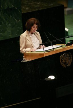 UNGA 80 Genel Kurul Müzakeresi. 25 Eylül 2025, New York, ABD: Kuzey Makedonya Cumhuriyeti Cumhurbaşkanı Gordana Siljanovska-Davkova, UNGA 80 Genel Kurul Toplantısına seslendi. (niyi fote\ theenews2)     