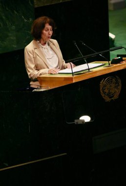 UNGA 80 Genel Kurul Müzakeresi. 25 Eylül 2025, New York, ABD: Kuzey Makedonya Cumhuriyeti Cumhurbaşkanı Gordana Siljanovska-Davkova, UNGA 80 Genel Kurul Toplantısına seslendi. (niyi fote\ theenews2)     